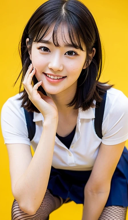 (a cute girl, with short bob hair, ponytail, Japanese Idol, wearing a university student uniform, posing confidently, sexy, hands on hip, wearing fishnet tights and loafers, white shirt and pleated mini-skirt, kind smile, beautiful detailed eyes, ((beautiful detailed face)), long eyelashes, beautiful detailed lips, dimpled cheeks, ample bosom, masterpiece, photo-realistic, ultra-detailed, 8k, high resolution portrait illustration, natural colors, bokeh, cowboy_shot, simple yellow background, SFW, )