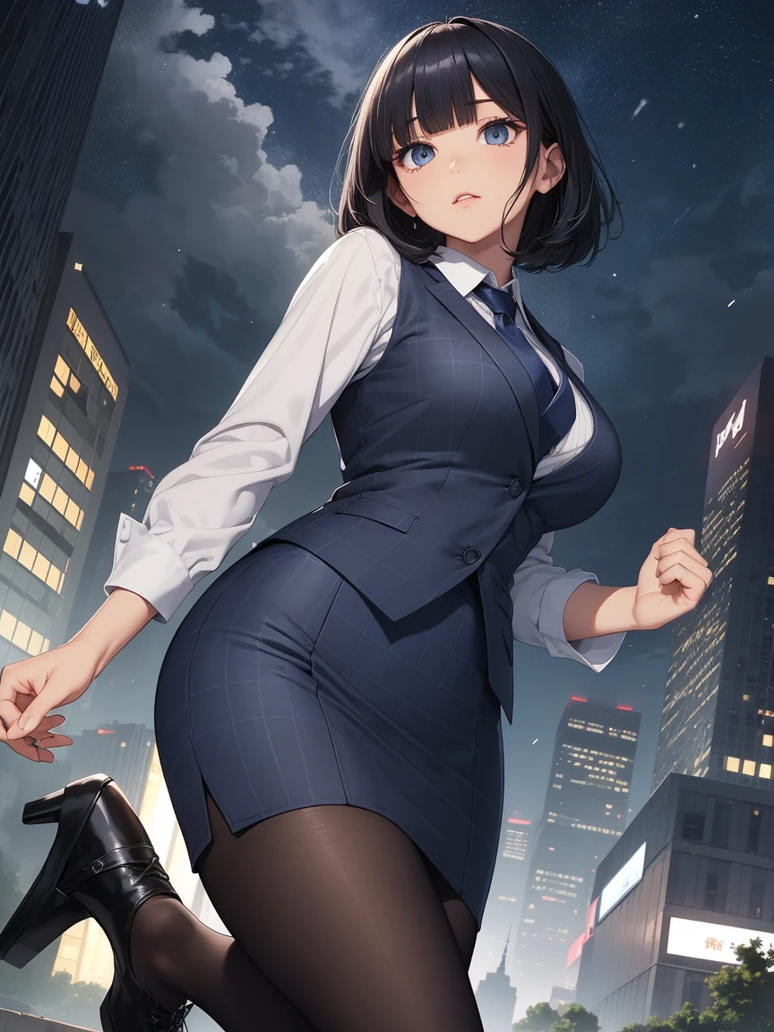 Highest quality, flying debris、Beautiful woman、office lady、Black Hair、(Dark blue eyes、Blunt bangs、Blunt bangs)、short hair、Dark blue checked office suit)、new employee,whole bodyショット、Female office lady、break(Dark blue checked vest、White dress shirt、Navy blue long tight pencil skirt:1.2)、(black tights、High heels)、break(Night view:1.3)、(((whole body))),Big Breasts 、break(Looking up from below)