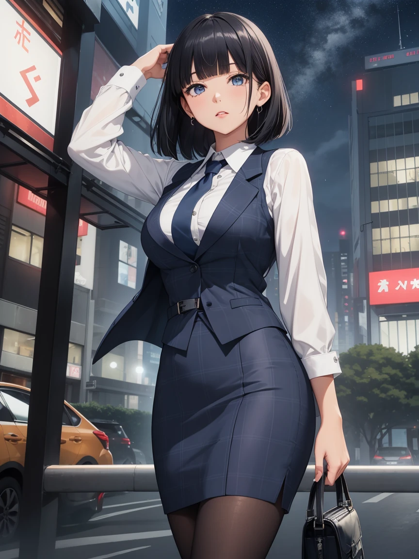 Highest quality, flying debris、Beautiful woman、office lady、Black Hair、(Dark blue eyes、Blunt bangs、Blunt bangs)、short hair、Dark blue checked office suit)、new employee,whole bodyショット、Female office lady、break(Dark blue checked vest、White dress shirt、Navy blue long tight pencil skirt:1.2)、(black tights、High heels)、break(Night view:1.3)、(((whole body))),Big Breasts 、break(Looking up from below)