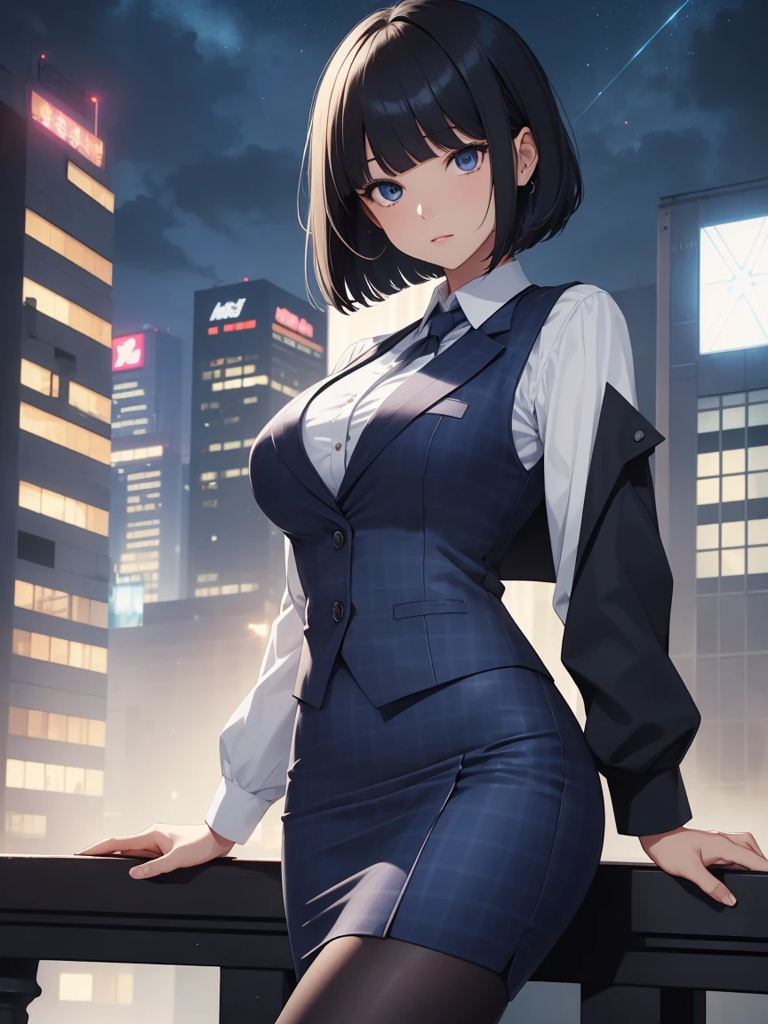 Highest quality, flying debris、Beautiful woman、office lady、Black Hair、(Dark blue eyes、Blunt bangs、Blunt bangs)、short hair、Dark blue checked office suit)、new employee,whole bodyショット、Female office lady、break(Dark blue checked vest、White dress shirt、Navy blue long tight pencil skirt:1.2)、(black tights、High heels)、break(Night view:1.3)、(((whole body))),Big Breasts 、break(Looking up from below)