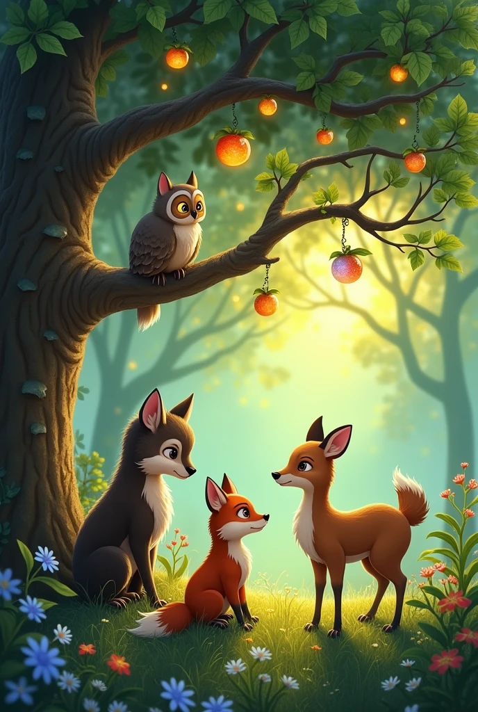 Choosing a Magical Fruit:**
- The three animals are gathered around the tree, thoughtfully choosing a magical fruit. Each one is deep in contemplation, understanding the gravity of their choice