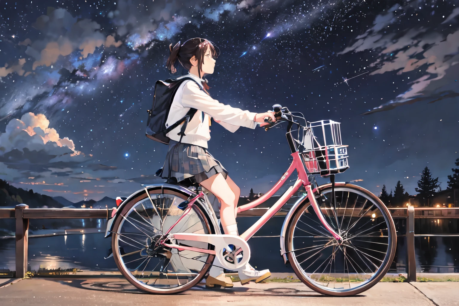 (Starry sky background:1.2)、(masterpiece, Highest quality:1.2), One person riding a bicycle, alone、From the side、left side、