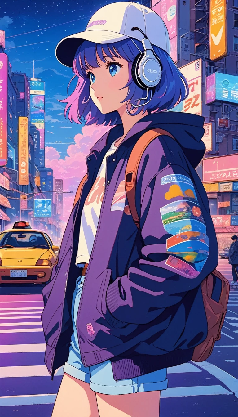 alone, lofi artstyle, lofi art, city, town, 80s anime style, Retro, Lo-Fi, masterpiece, best quality, (extremely detailed CG unity 8k wallpaper), (best quality), (best illustration), (best shadow), absurdres, realistic lighting, (Abyss), beautiful detailed glow, 1girl, bag, bangs, baseball cap, black jacket, blue eyes, blush, building, car, city, crosswalk, from side, ground vehicle, hands in pockets, hat, headphones, hood, hood down, hooded jacket, hoodie, jacket, long sleeves, motor vehicle, multiple boys, night, outdoors, pants, purple hair, road, road sign, short hair, shorts, sign, solo focus, street, traffic light, white headwear