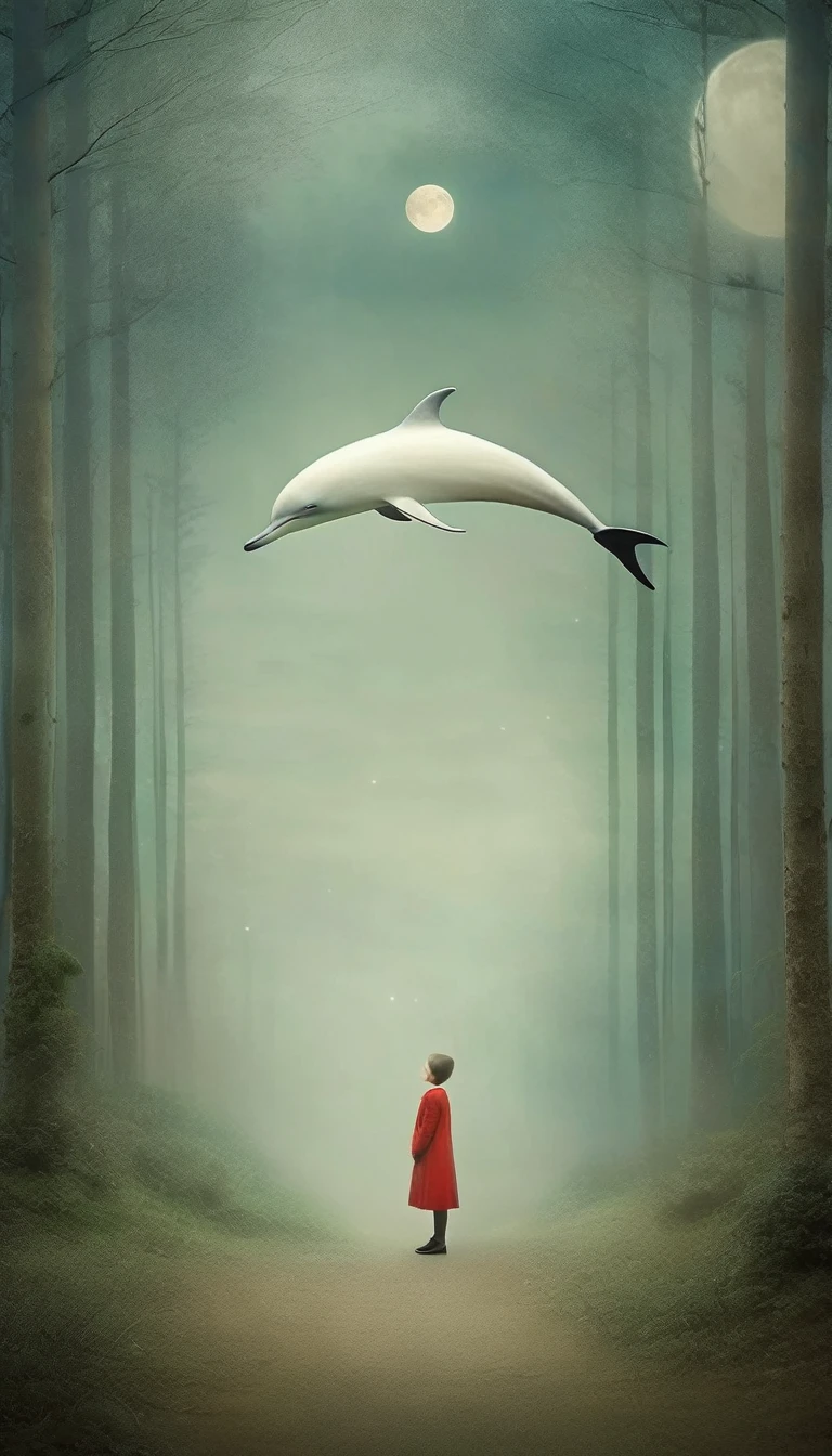 masterpiece, best composition, Gabriel pacheco style photo,in the forest, big moon, slightly bluish, white dolphin drifting in the air, silence.