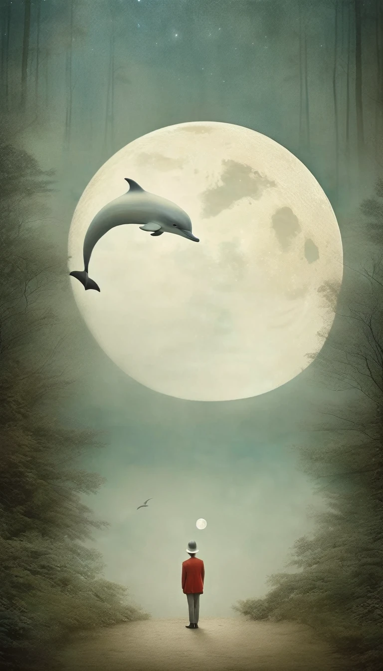masterpiece, best composition, Gabriel pacheco style photo,in the forest, big moon, slightly bluish, white dolphin drifting in the air, silence.