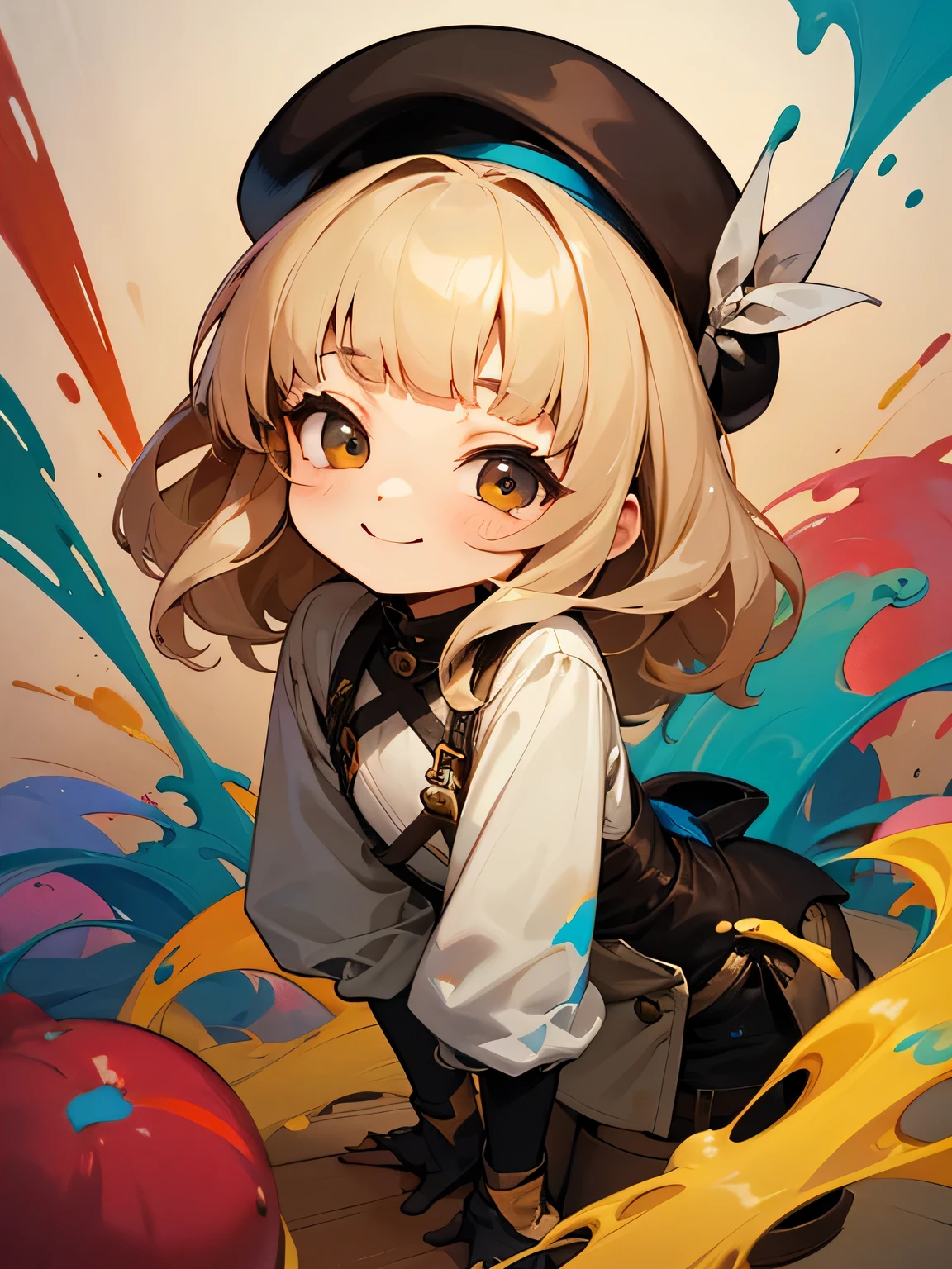 ((chibi)),leaning forward:1.3,solo,upperbody,beige wavy hair, (blunt bangs),beret, painter's clothes covered in paint, brown boots,Paintbrush, palette, (smiles shyly),