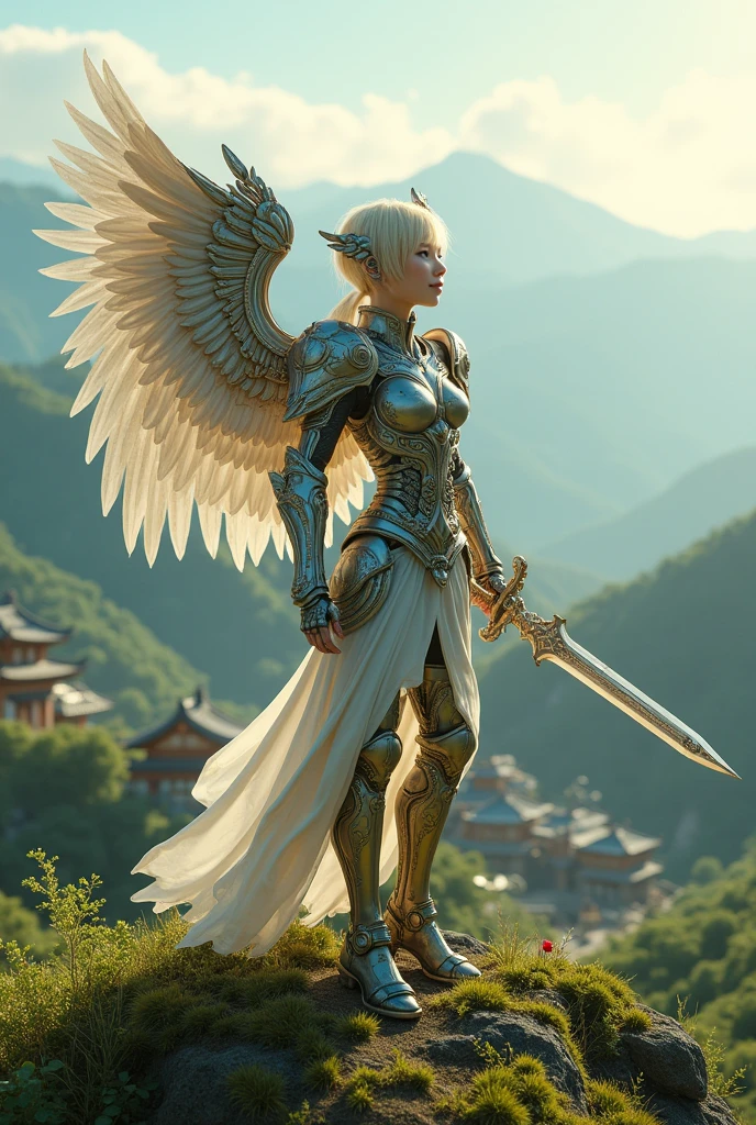 (masterpiece, best quality),  intricatemechanical soldier, korean beauty like tae yon, blue eyes, blonde short hair, full red mate titanium armor with old javanese relic, mechanical detail wings, holding angelic fantasy sword, bright smile, wear angelic boot, smal light armor on arm and leg with old javanese relic, standing on top the hill with old japanese village seen on far away,uhd. use the RenderMan renderer.digital art. High definition, high contrast, high color saturation, 3d,128k,cinematic lighting, intricate,cinematic lens, advertising photograph,ultra detail. Wallpaper size.
