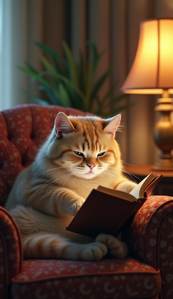 photorrealistic, 64k, cute fat [cat] reading a book sitting on the chair