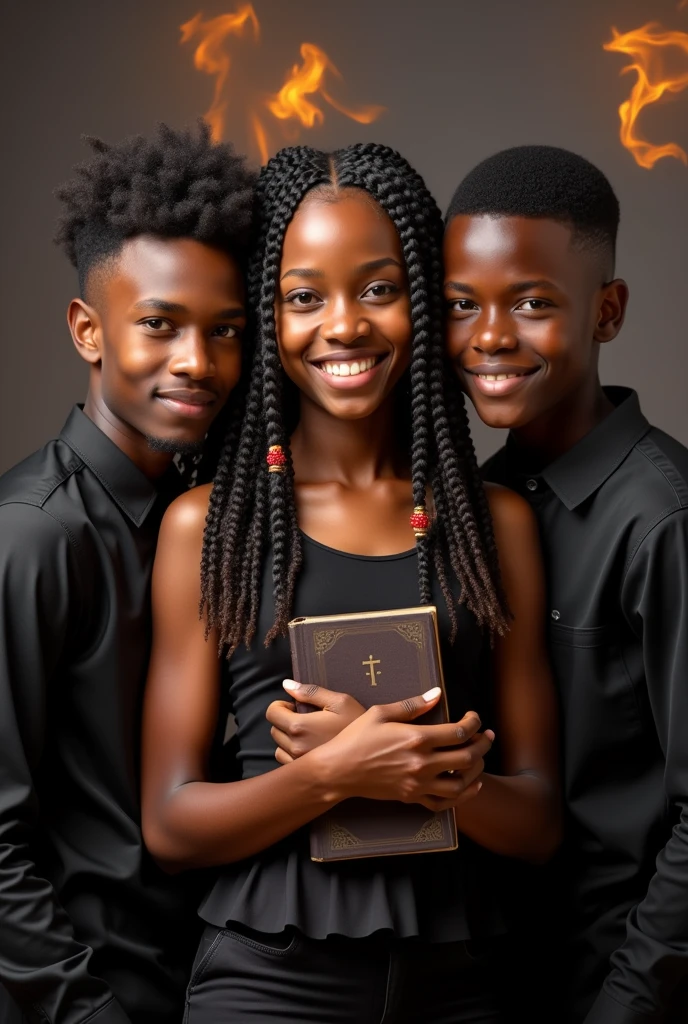 03 jeunes. Une , un garçon de , un garçon de 25 ans . Les cheveux courts pour les garçons. La fille tissé de coiffure africaine et tous noirs. Chrétiens avec un soupçon de flamme comme pour montrer la présence de Dieu. La fille au milieu avec une bible en main. Comme des frères et sœurs . Les âges doivent être respectés. Ils doivent regarder vers devant