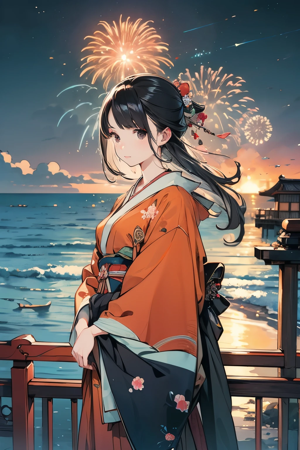 summer、Ocean、firework、Japanese style、Fantasy、((masterpiece)),Realistic,4K,Very detailed、landscape
