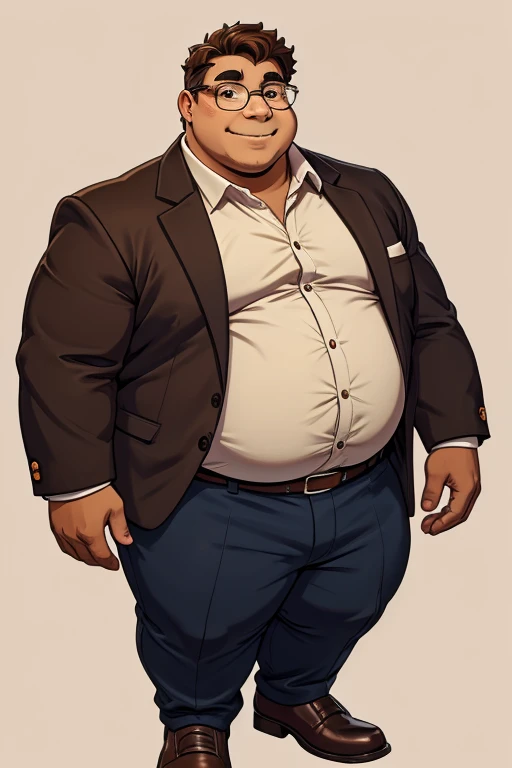 The man 40 yo, superobesity, 400 lb, with sparse long straight brown hair, small shifting eyes with a cheerful look. A wide chubby round face will be decorated with glasses, a snub nose, and small lips. full length portrait, tight clothes, button pop