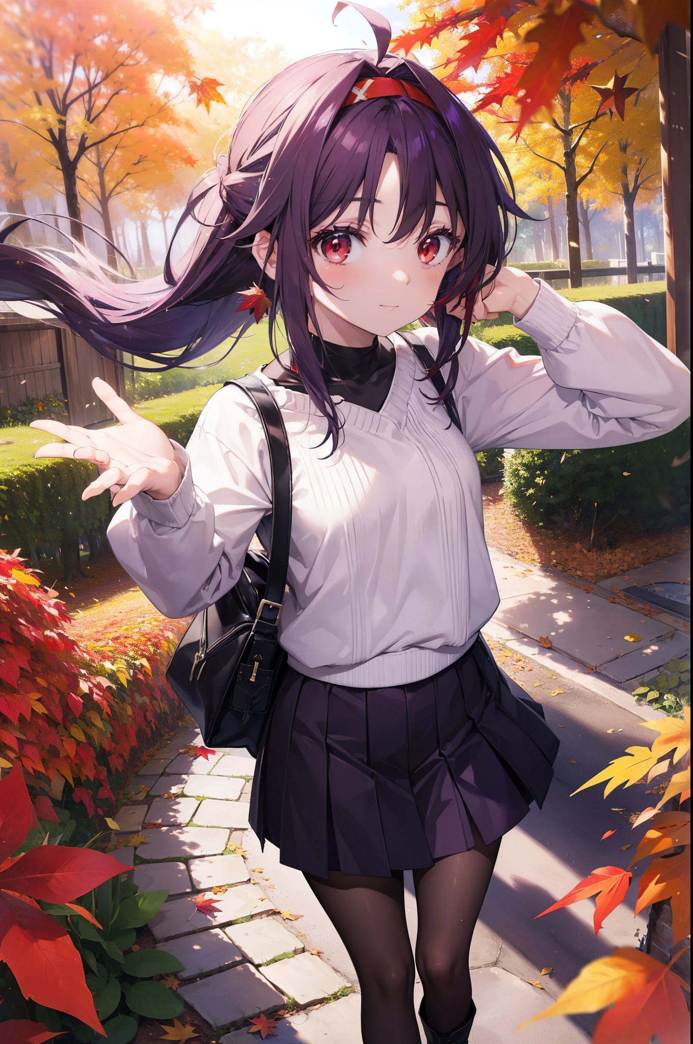 yuukikonno, Yuuki Konno, hair band, Long Hair, Pointed Ears, Purple Hair, Ahoge,(Red eyes:1.5), (Small breasts:1.2), smile,blush,Close your mouth,purple v neck sweater,mini skirt,Black pantyhose,short boots,Walking,autumn leaves,autumn leaves,scattered,autumn leavesが積もっている,Autumn sky,whole bodyがイラストに入るように,
break looking at viewer, whole body,
break outdoors, garden,forest, nature,
break (masterpiece:1.2), Highest quality, High resolution, unity 8k wallpaper, (figure:0.8), (Beautiful attention to detail:1.6), Highly detailed face, Perfect lighting, Highly detailed CG, (Perfect hands, Perfect Anatomy),
