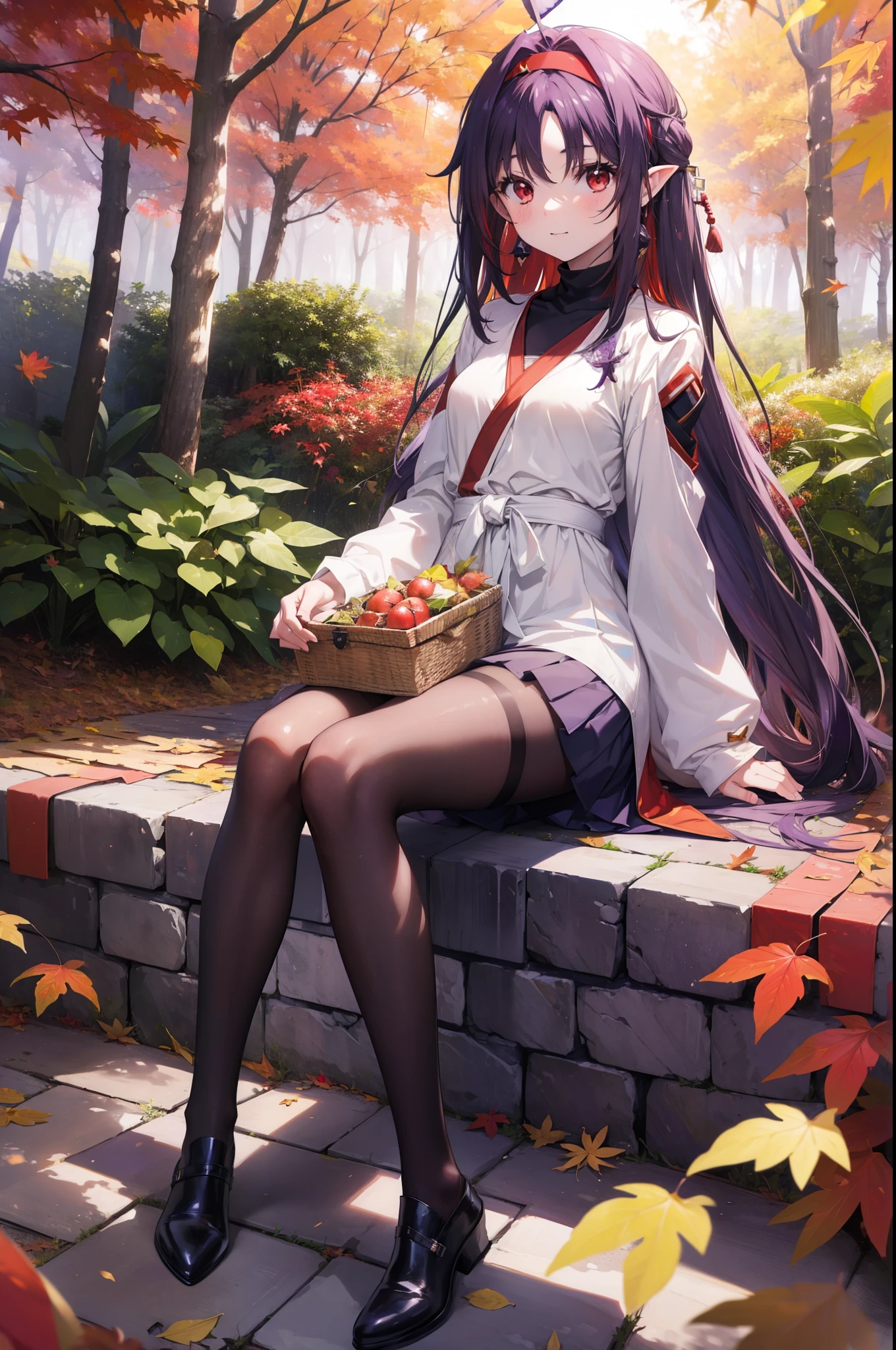yuukikonno, Yuuki Konno, hair band, Long Hair, Pointed Ears, Purple Hair, Ahoge,(Red eyes:1.5), (Small breasts:1.2), smile,blush,Close your mouth,purple v neck sweater,mini skirt,Black pantyhose,short boots,Walking,autumn leaves,autumn leaves,scattered,autumn leavesが積もっている,Autumn sky,whole bodyがイラストに入るように,
break looking at viewer, whole body,
break outdoors, garden,forest, nature,
break (masterpiece:1.2), Highest quality, High resolution, unity 8k wallpaper, (figure:0.8), (Beautiful attention to detail:1.6), Highly detailed face, Perfect lighting, Highly detailed CG, (Perfect hands, Perfect Anatomy),