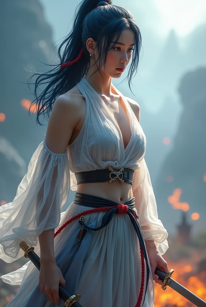 Public curly dark hair, Ponytail, beautiful female warrior, approximately 20 years of age, with a perfect body and dressed only organza transparent coat (see-through: 2.0) , The character has dark blue hair with red highlights, tied in a horse tail, and holds a short sword in her hand. I would like the drawing to be done in any graphic convention that fits the character’s nature, wet skin, (wet:2.0), shiny skin, transparent organza flowing coat, photorealistic: 2.0. Shiny skin, --auto --s2