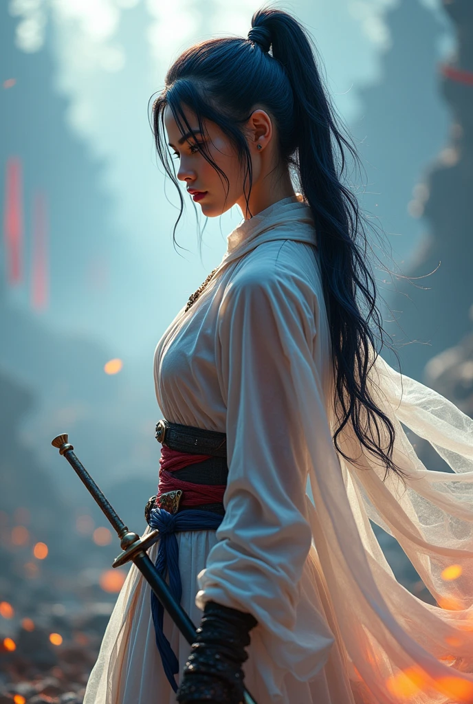 Public curly dark hair, Ponytail, beautiful female warrior, approximately 20 years of age, with a perfect body and dressed only organza transparent coat (see-through: 2.0) , The character has dark blue hair with red highlights, tied in a horse tail, and holds a short sword in her hand. I would like the drawing to be done in any graphic convention that fits the character’s nature, wet skin, (wet:2.0), shiny skin, transparent organza flowing coat, photorealistic: 2.0. Shiny skin, --auto --s2
