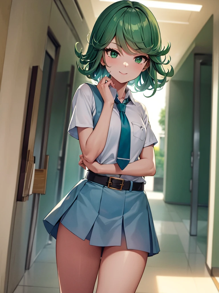 (high res, 8K, masterpiece, looking at viewer, best quality, very aesthetic, ultra detailed, ultra background, ultra Eyes) intricate details, 1girl, Tatsumaki, Chibi, body straight and arms sideways facing the camera, Green Short Hair, Green Eyes, short sleeved white shirt, Smile Face, pocket on left chest, wearing a Gray tie, light Blue short skirt, wear a belt, Background school hallway, School, Cinematic Angle