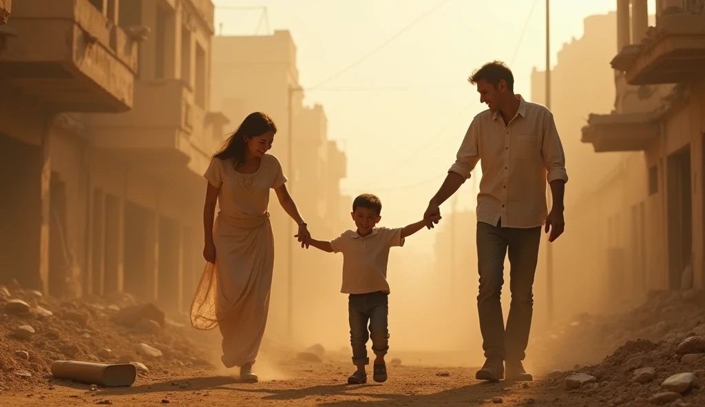 Low angle shot from below and the back of an asian three year old boy, looking at his father, mother, and older brother smiling at him, reaching out their hands, happy moment, on the ruin of a city, sand cloud, heat, hazy, rubles, debris, desaturated color, low contrast, cinematic