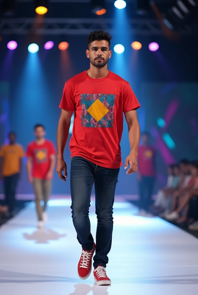 A modular man Ramp walk wearing t-shirts brand called me show tag line live in style give good quality of image