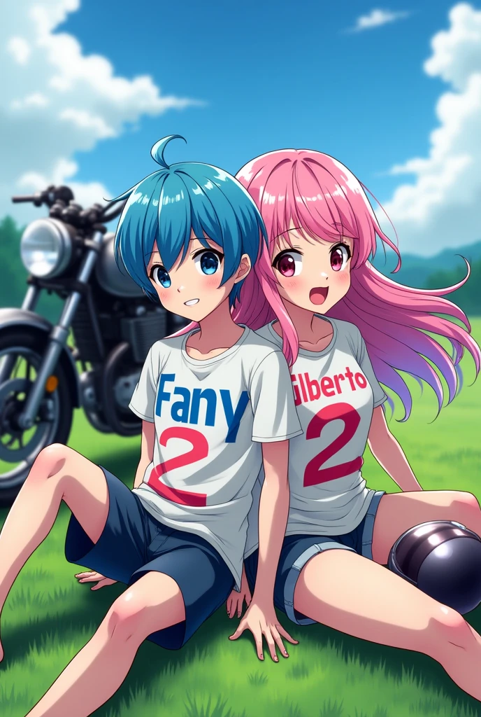 High quality photography, The boy on his back has the name Fany with the number 2 below and the girl on his back has the name Gilberto with the number 2 below, They are sitting, In the background there is a motorcycle and 2 helmets, anime drawings