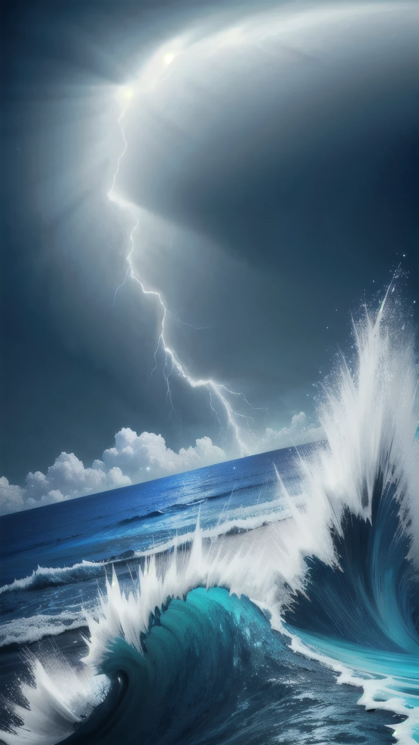 Capture a turbulent ocean scene with stormy skies above the Bermuda Triangle. The waves should be rough, with lightning striking in the background. The overall atmosphere should be dark and foreboding, emphasizing the mysterious and dangerous nature of this area.