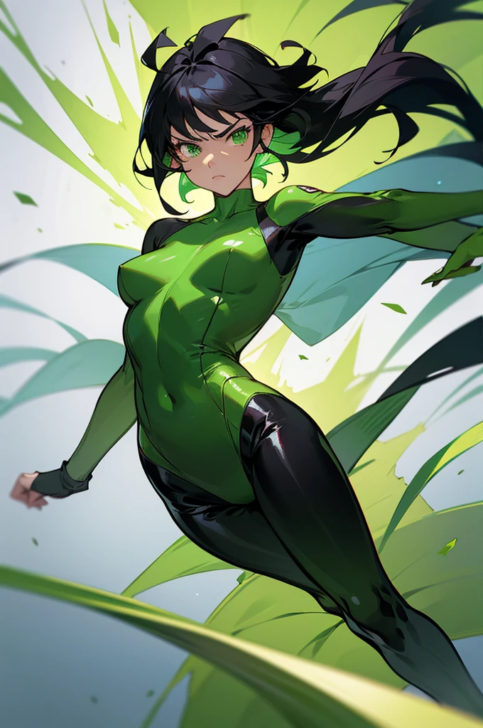 1female , black Hair ,bowl tails , Floating in air , green Bodysuit , green Dress , green Superhero Suit , serious Expression , green Eyes, black belt wrapping suit, superman flying pose