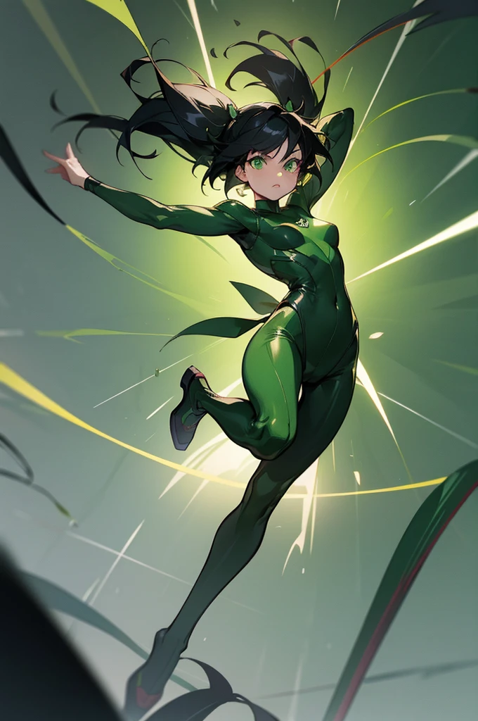 1female , black Hair ,bowl tails , Floating in air , green Bodysuit , green Dress , green Superhero Suit , serious Expression , green Eyes, black belt wrapping suit, superman flying pose