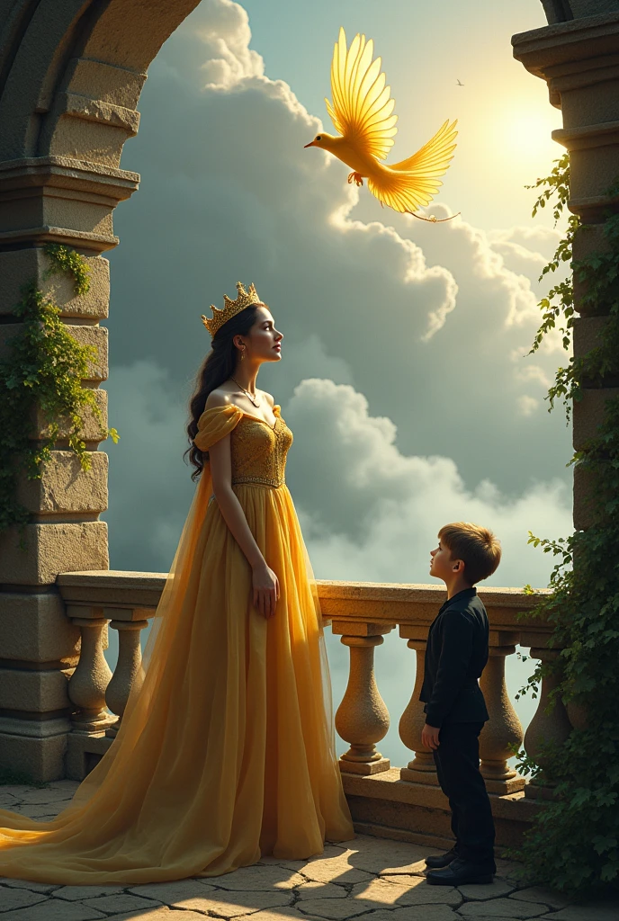 create a image of a princess standing on castle s balcony and she should sing a song with a golden bird and the weather should be cloudy ,wearing a beautiful crown made up of gold ,and a boy black shirt pant white colour for male color dress.