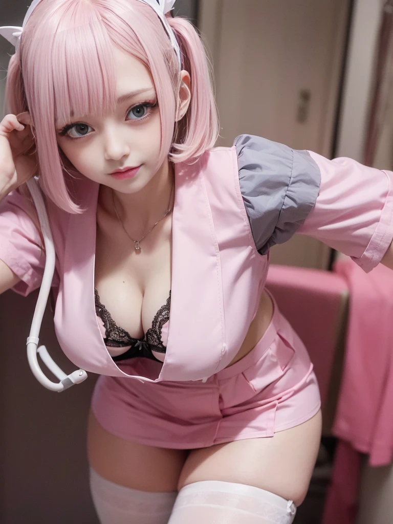 masterpiece, best quality, 1 girl, detailed beautiful face, ((pink nurse)), bent over, down blouse, smilingshort hair, waved hair, twintail, white hair, nurse uniform with a few buttons unbuttoned, (small breast), pouting, kissing face,(((Erotic Cosplay Lingerie for Nurses,Sexy Roleplay Outfit for Doctors,Pink Bra,Miniskirt Uniform,Tempting Outfit,Night Call))),