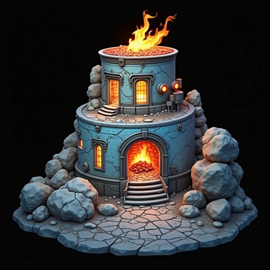 (masterpiece, top quality, best quality, official art,beautiful and aesthetic:1.2),(4k,8k, best quality,masterpiece:1.2),(((white background))), solo,Building, furnace with blue and black iron exterior walls, a red cave in the middle with burning charcoal inside, alarm devices, and flames burning at the top. It has a European style, clear and accurate structure, modern realistic representation, and consistent lighting that looks natural and believable.