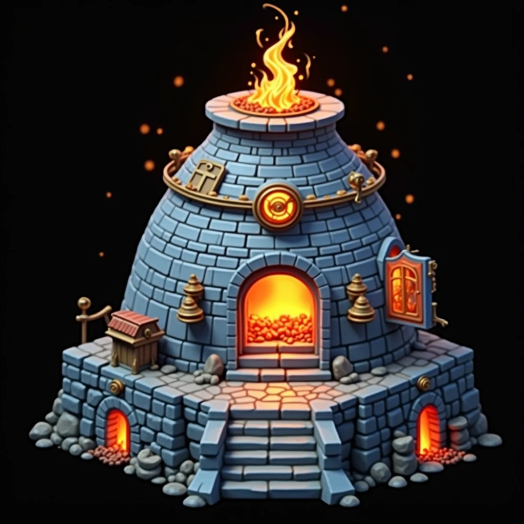 (masterpiece, top quality, best quality, official art,beautiful and aesthetic:1.2),(4k,8k, best quality,masterpiece:1.2),(((white background))), solo,Building, furnace with blue and black iron exterior walls, a red cave in the middle with burning charcoal inside, alarm devices, and flames burning at the top. It has a European style, clear and accurate structure, modern realistic representation, and consistent lighting that looks natural and believable.