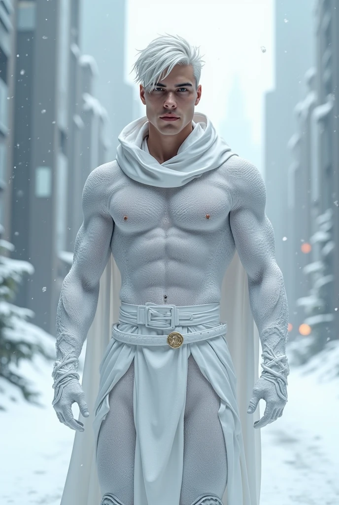  Full body photorealistic handsome hunky masculine Legion white messy haired fractal white skinned Jack Frost,,unreal engine, extremely attractive male wearing white scales transparent see through mesh latex spandex,, with belt and gloves,, extremely masculine physique, intricately detailed, super bulge, realistic skin, short tousled hair, futuristic snowy city as background