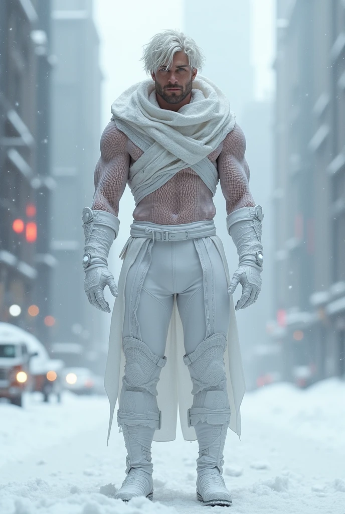 Full body photorealistic handsome hunky masculine Legion white messy haired fractal white skinned Jack Frost,,unreal engine, extremely attractive male wearing white scales transparent see through mesh latex spandex,, with belt and gloves,, extremely masculine physique, intricately detailed, super bulge, realistic skin, short tousled hair, futuristic snowy city as background