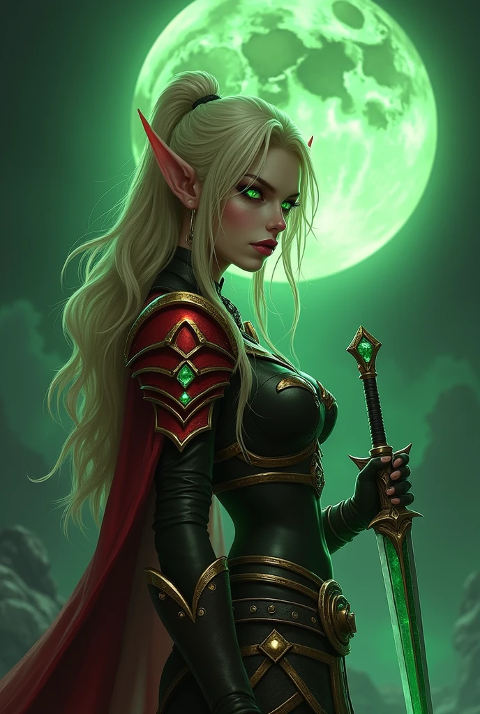 World of Warcraft game theme,fullmoon,extremeley curvaceous buxom bimbo vixen female elf,very bright green glowing eyes, Image of a female elf Valeera Sanguinar,intense flirty stare,side view ,Beautiful and gorgeous elf, 32 years old, with blonde hair, standing, holding two favorite shiny green Jambiya daggers, one in each hand. ,blood elf Assassin Wow, wide hips, narrow waist, gigantic humungus breasts,extremely curvy,  Long elf ears, ((((Very bright, glowing green eyes))), Red Light female Assassin Armor with emeralds , Red Pauldrons, Red skull Pauldron with emeralds, Gold and Red Chestpiece, Red and black Gauntlets, Black tabard,  dramatic tones.  A masterpiece with the highest resolution. , Surrealist image type
