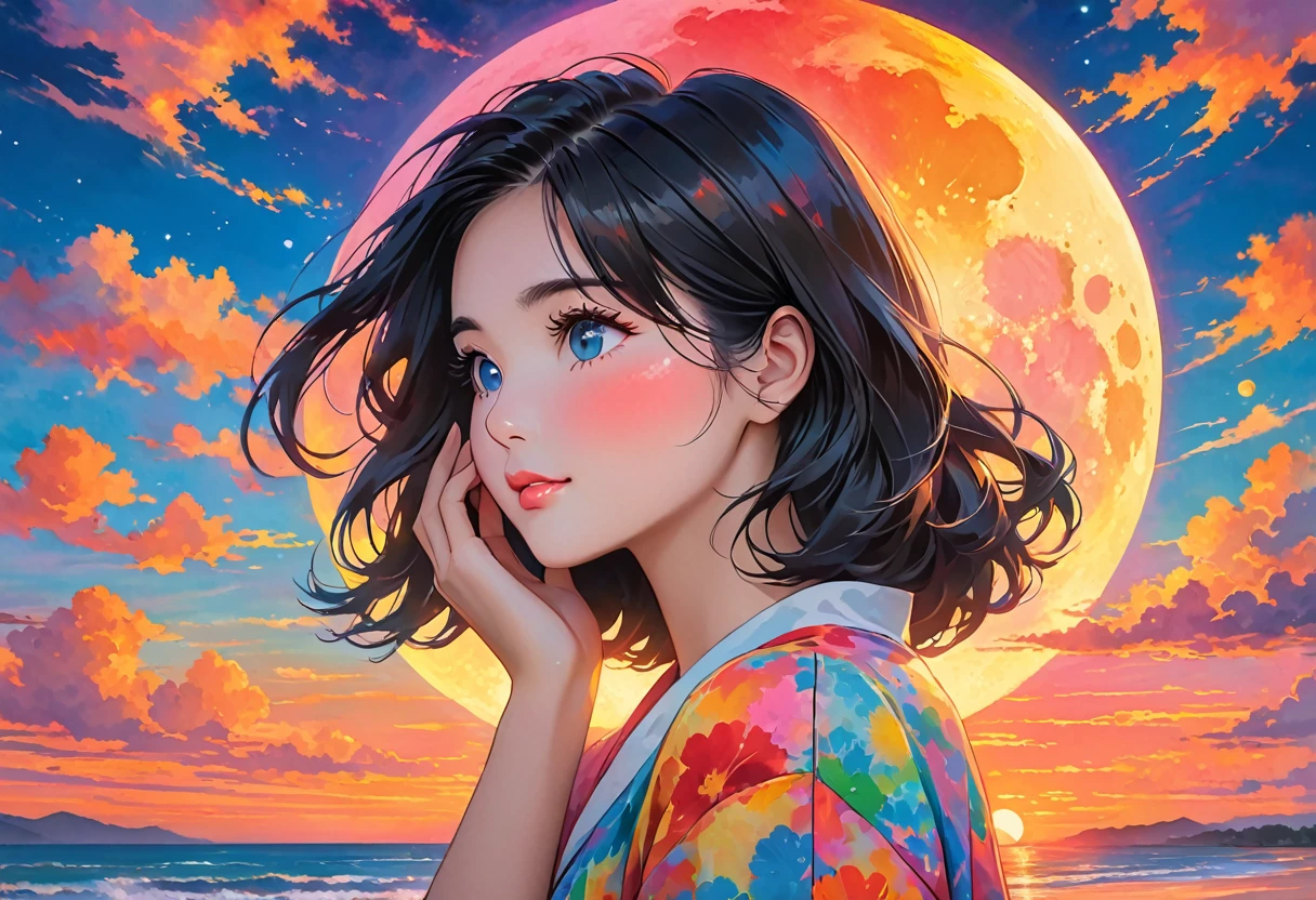 a woman holding a moon to her face in front of a colorful sunset, 1girl, solo, black hair