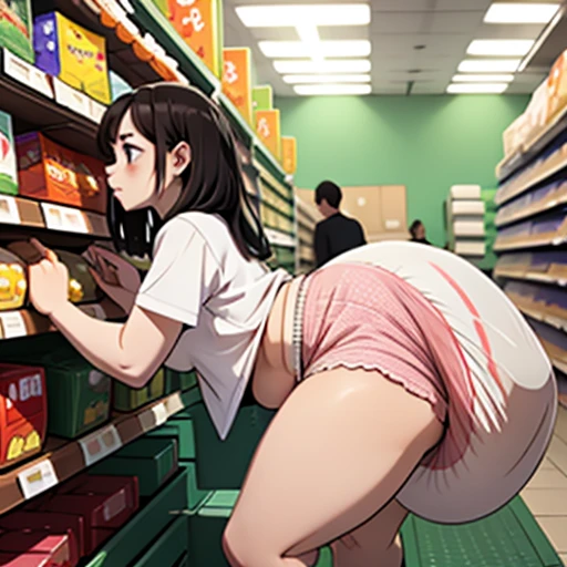  an enchanting woman, at supermarket, surrounded by lovers, kissing her husband, rubbing her huge butt, sex from behind, Wearing tight shirt, huge breasts about to explode out of top, grabbing her belly, bulging diaper, gigantic diaper sagging down, huge diaper, massive lumpy full diaper, diaper growing bigger and bigger, holding her growing diaper, diaper puffing up like a balloon about to explode, diaper filling up whole screen, diaper inflated to enormous size