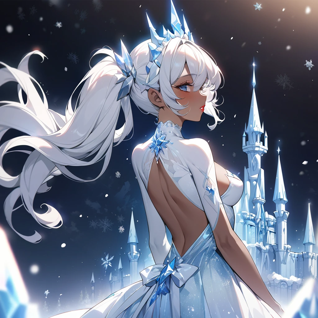 (amazing quality, great quality, top quality, very aesthetic, best quality)), (dark skin Cinderella bust),
 white wavy hair,frozen crystal dress,snow coating ribbon, half side ponytail,black and white sisters,rouge lips,white breath, arching back, frozen castle,dignified pose
