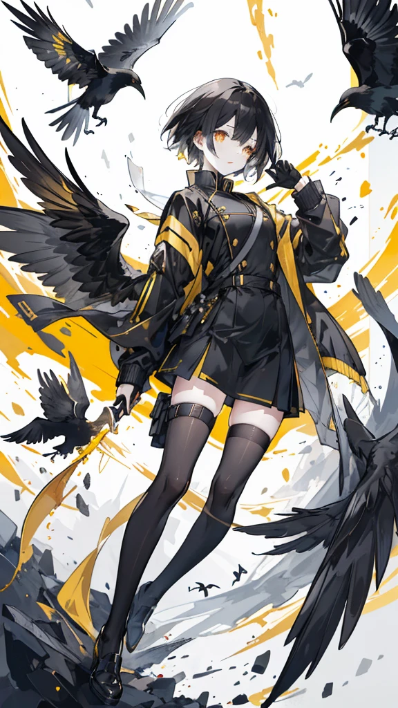 short black hair，Yellow pupils，Black military uniform and yellow windbreaker，Black long knife，crow flying in the air，black stockings，Wearing a black glove on the left hand，silvery white flame