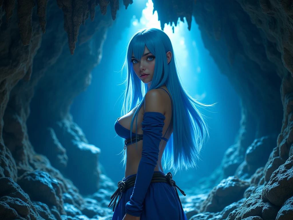 Real beautiful biracial latina woman, light blue hair, light blue eyes,large breasts, do a Cosplay of Itachi Uchiwa in a cavern,Résolution Haute, Vues Multiples,