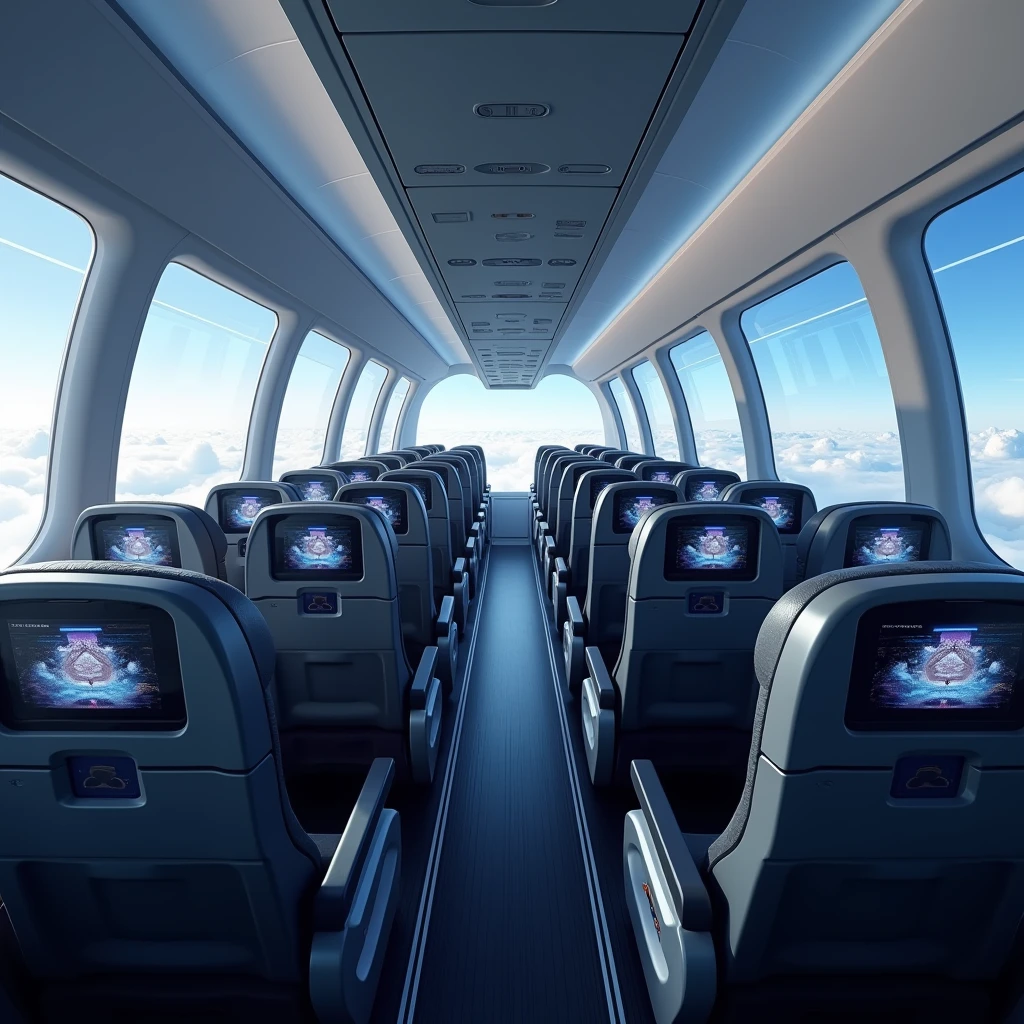 In the cockpit of the aircraft,You can see a lot of airplane seats,The seats have screens on the headrests,Real Effects,No passengers,Can see out the window and back of the seat,The camera rotates 45 degrees, VR Effect