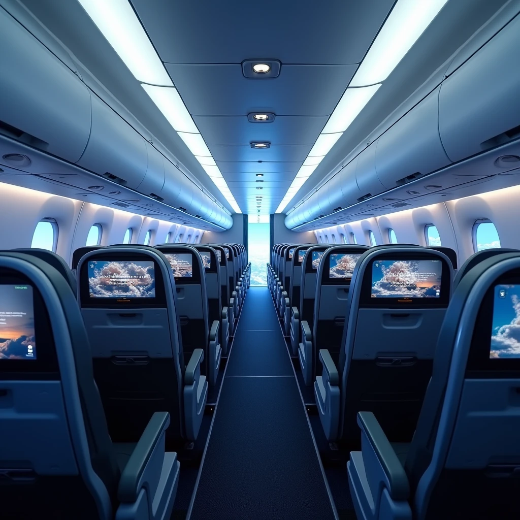 In the cockpit of the aircraft，You can see a lot of airplane seats，The seats have screens on the headrests，Real Effects，No passengers，Can see out the window and back of the seat，The camera rotates 45 degrees， VR Effect
