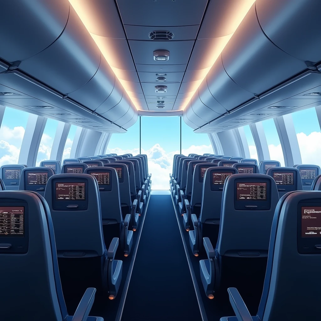 In the cockpit of the aircraft，You can see a lot of airplane seats，The seats have screens on the headrests，Real Effects，No passengers，Can see out the window and back of the seat，The camera rotates 45 degrees， VR Effect
