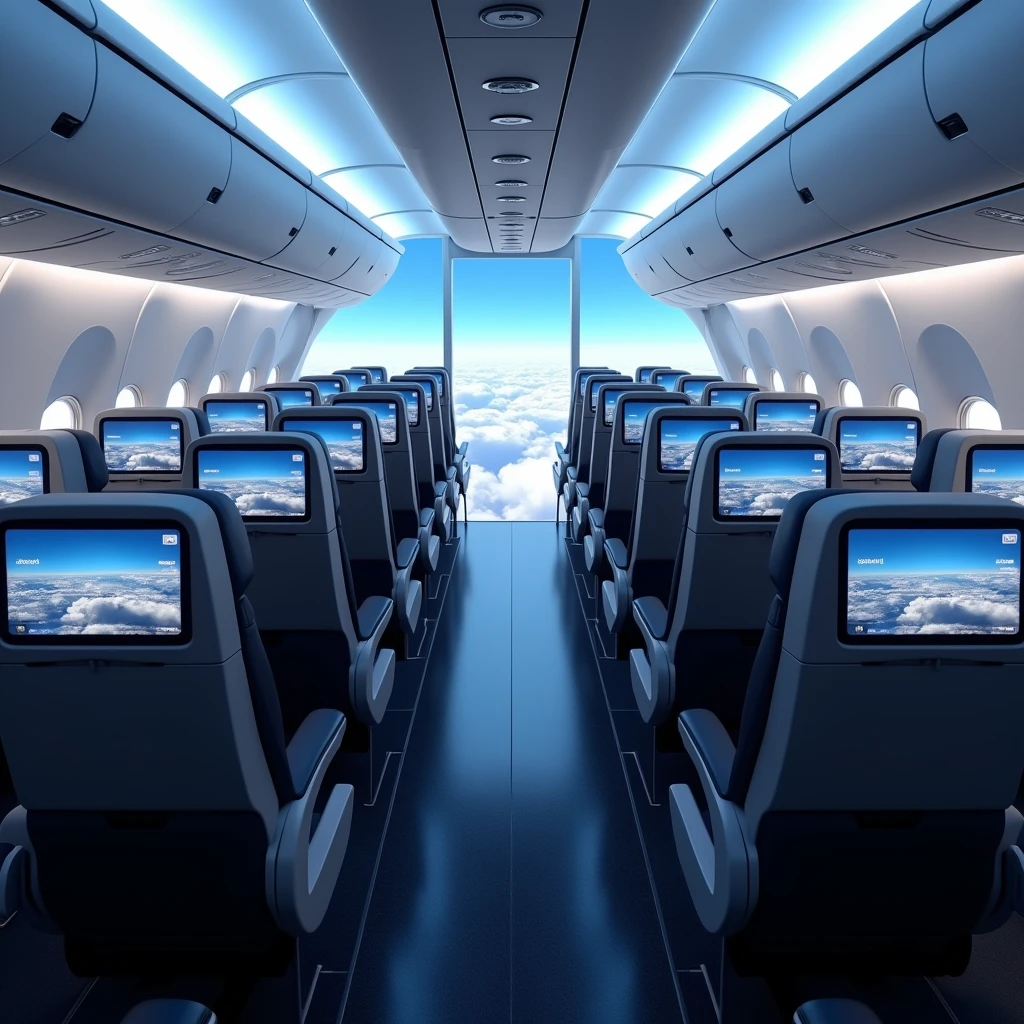 In the cockpit of the aircraft，You can see a lot of airplane seats，The seats have screens on the headrests，Real Effects，No passengers，Can see out the window and back of the seat，The camera rotates 45 degrees， VR Effect
