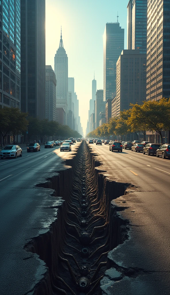Image In the city in the morning in the middle of the road tall buildings . Top view looking down on the road The scene is shaking There is a deep crack under the road .underground space cracks hundreds of giant spiders crawled out from the cracks including spiders as big as cars