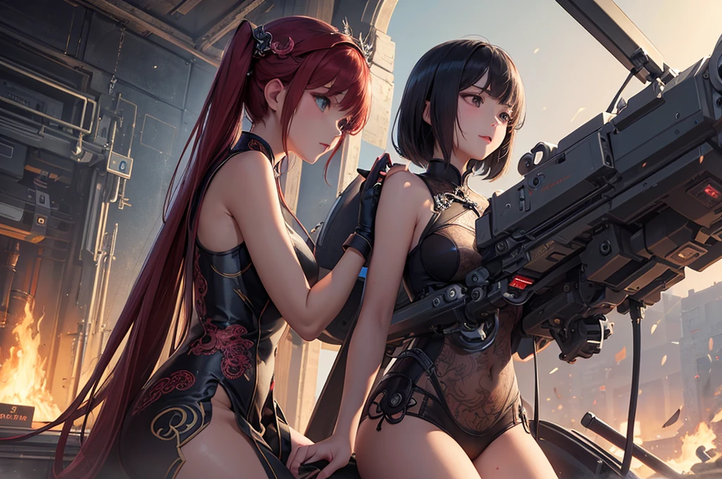 Storyboard,masterpiece,8k,2girls,Mechanization,Mechanical Tentacles,cheongsam