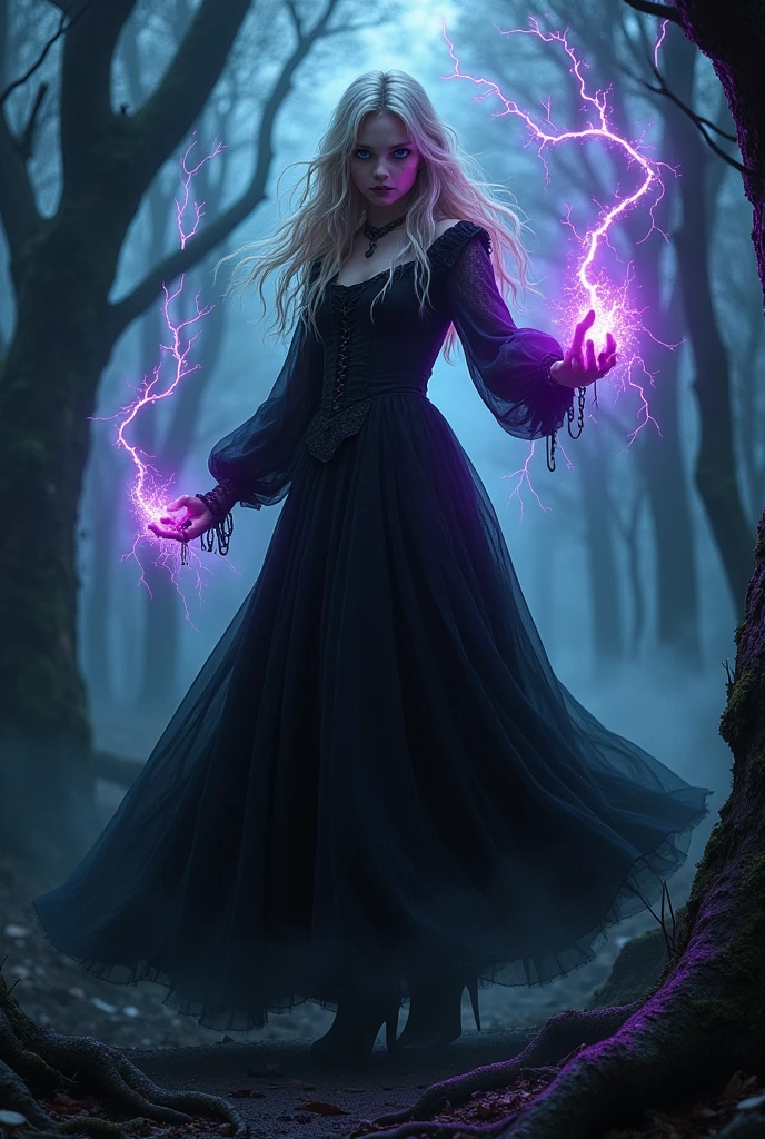 teenage evil witch with dark magic. She has blonde hair and sky blue eyes. Thin black lips curled into a smile. She is wearing a black goth dress. She is attacking Harry Potter with her summoned demons. Lots of blood and gore.