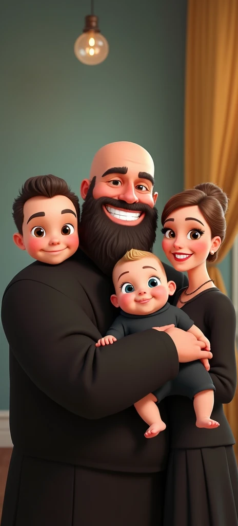 family of 3 people, an adult couple and an 8-month-old baby. The father is in the center, he is the tallest, big and strong, full shaved bald hair and has a medium black Viking-style beard, with light brown eyes and a big smile. The father is holding the 8-month-old baby in his left arm. The eight-month-old baby has dark blond hair and big dark blue eyes. The mother has light brown hair and light brown eyes, her hair tied up and a beautiful smile, she is very beautiful and elegant. Character should be colorful and have a fun, friendly look, with exaggerated, expressive features. Pixar style. use the photo as a perfect copy of the family.