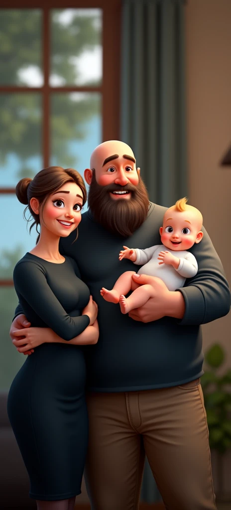 family of 3 people, an adult couple and an 8-month-old baby. The father is in the center, he is the tallest, big and strong, full shaved bald hair and has a medium black Viking-style beard, with light brown eyes and a big smile. The father is holding the 8-month-old baby in his left arm. The eight-month-old baby has dark blond hair and big dark blue eyes. The mother has light brown hair and light brown eyes, her hair tied up and a beautiful smile, she is very beautiful and elegant. Character should be colorful and have a fun, friendly look, with exaggerated, expressive features. Pixar style. use the photo as a perfect copy of the family.