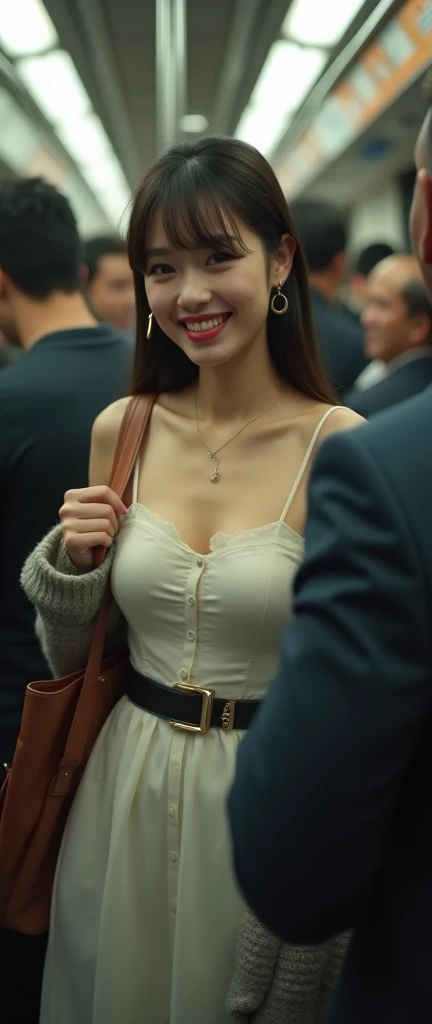 (32K:1.9, Highest quality, masterpiece, Ultra-high resolution, Professional low-angle camerawork:1.5, Very detailedな肌と顔の質感:1.4), Always accurate, Very detailed, Bag, (((crowded train:2.0, There are multiple hands around her:2.2, Several men touched parts of her body.:2.5))), ((A short Japanese woman of 25 years old, Big breasts on the verge of collapse:1.2, Camisole dress and cardigan:1.5, Incredibly slim body:1.3, areola is not visible)), belt, Fair skin, elegant, sense of cleanliness, Thin eyebrows, (Big eyes that exude beautiful eroticism:0.4, Embarrassed smile:1.0, I despise you from the bottom of my heart:0.8, Open your mouth a little, lipstick, Feel the beautiful eroticism:0.9, Dark brown medium hair), Earrings, necklace, bracelet, romantic, mysterious, Object of admiration, original, dramatic, artistic, Innovative, charm, Heartful, Fancy, Tilt, sense of loss, special, ((exciting, Extreme, sense of openness, suffering, sufferingの表現)), (((Mistakes made due to youth, 女性的なcharm)))