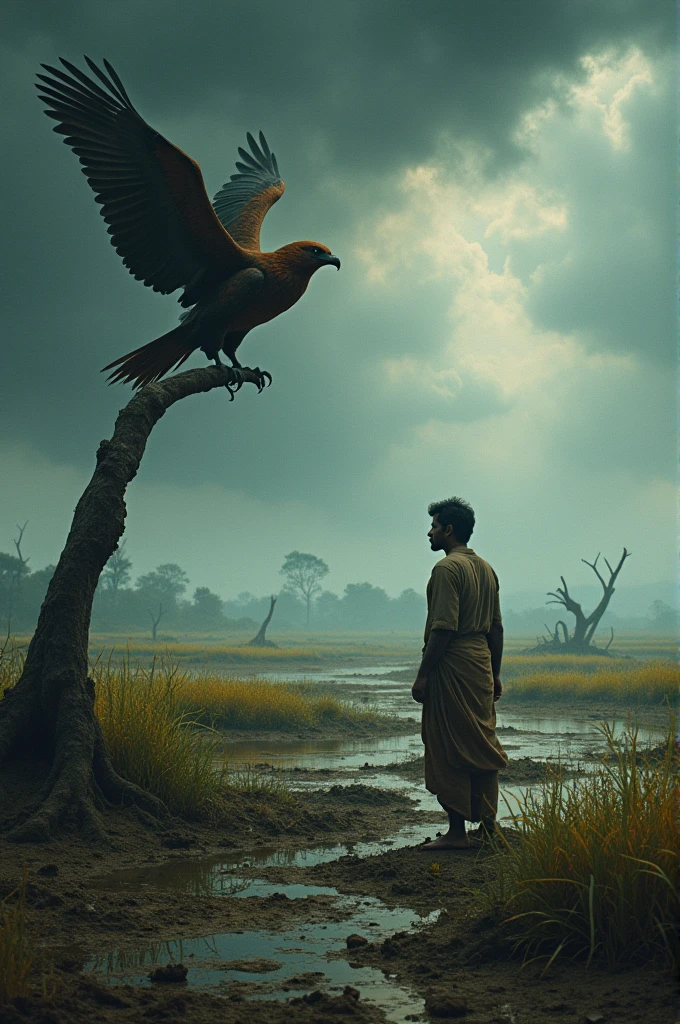    A devastating scene where Raghur's once-thriving fields are now flattened and waterlogged from the storm. Raghur stands in the middle of his destroyed crops, looking defeated, with Garuda perched nearby on a broken tree branch, sharing his sorrow.
