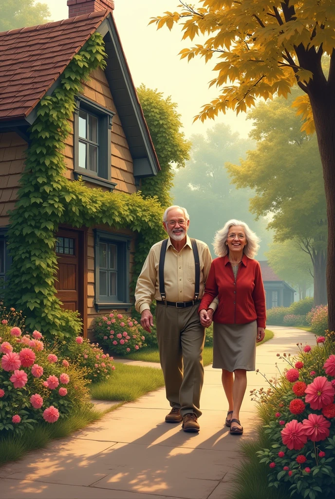 help me do a poster include a old couple walking,house